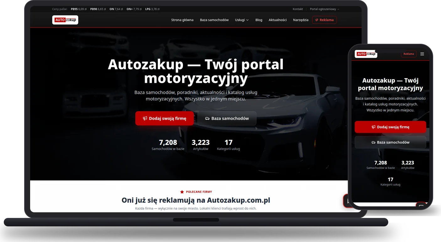 Realizacja: Autozakup - portal motoryzacyjny (autozakup.com.pl) - mockup strony na laptopie i telefonie