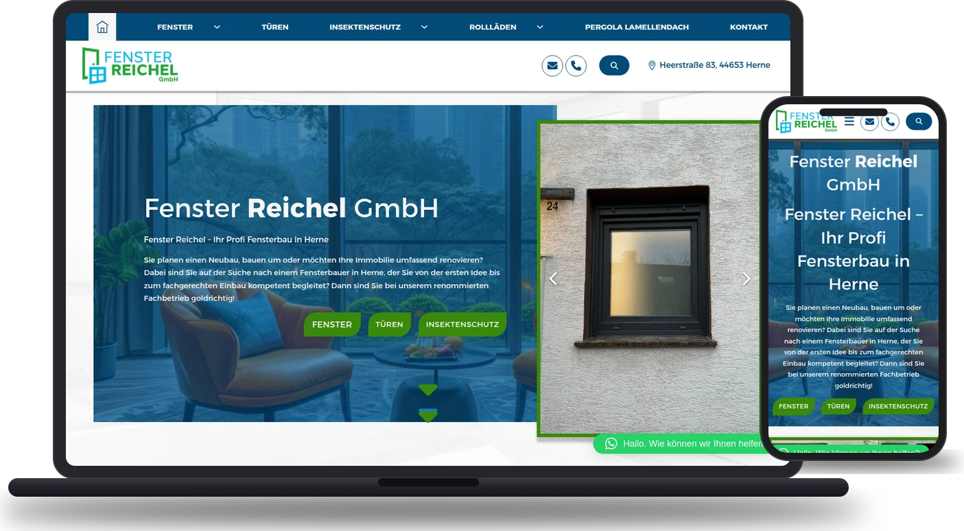 Realizacja: Fenster Reichel - okna i drzwi (fenster-reichel.de) - mockup strony na laptopie i telefonie