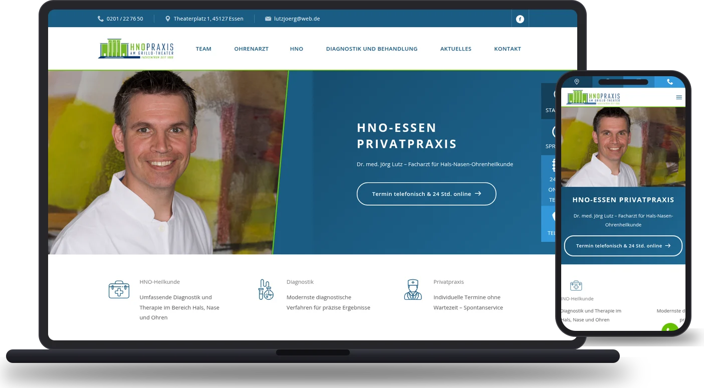 Realizacja: HNO Privatpraxis Dr. Lutz (hno-essen-privatpraxis-lutz.de) - mockup strony na laptopie i telefonie