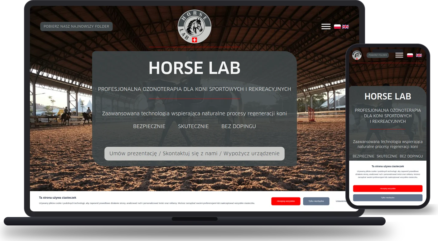 Realizacja: HorseLab - ozonoterapia dla koni (horselab.eu) - mockup strony na laptopie i telefonie