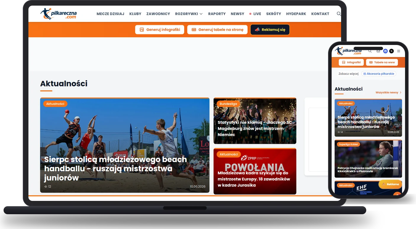 Strona pilkareczna.com - mockup na laptopie i telefonie