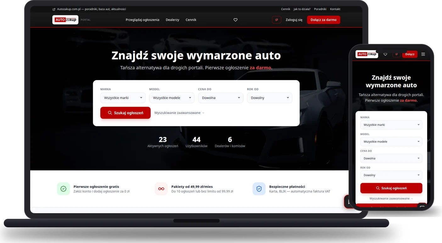 Realizacja: Portal ogłoszeń motoryzacyjnych (portal.autozakup.com.pl) - mockup strony na laptopie i telefonie