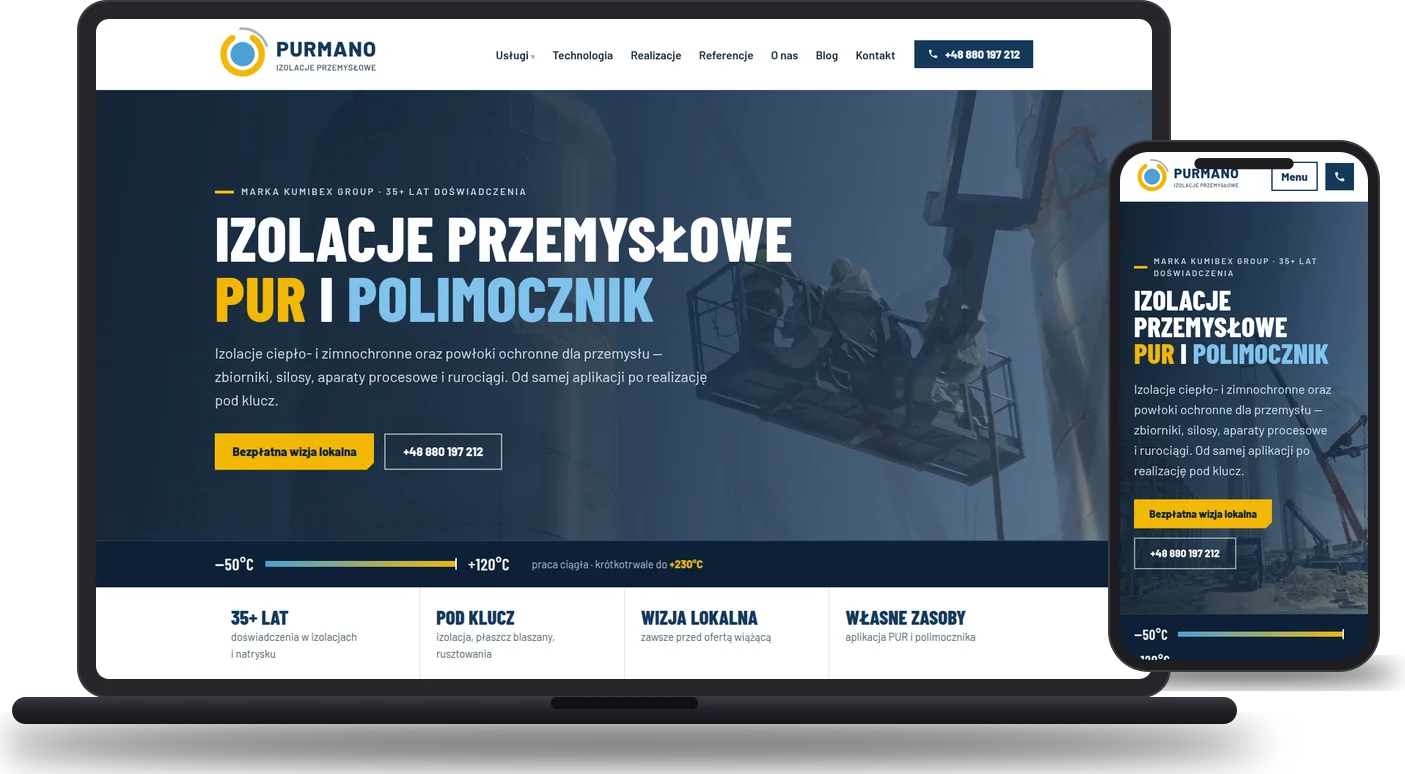 Strona purmano.pl - mockup na laptopie i telefonie
