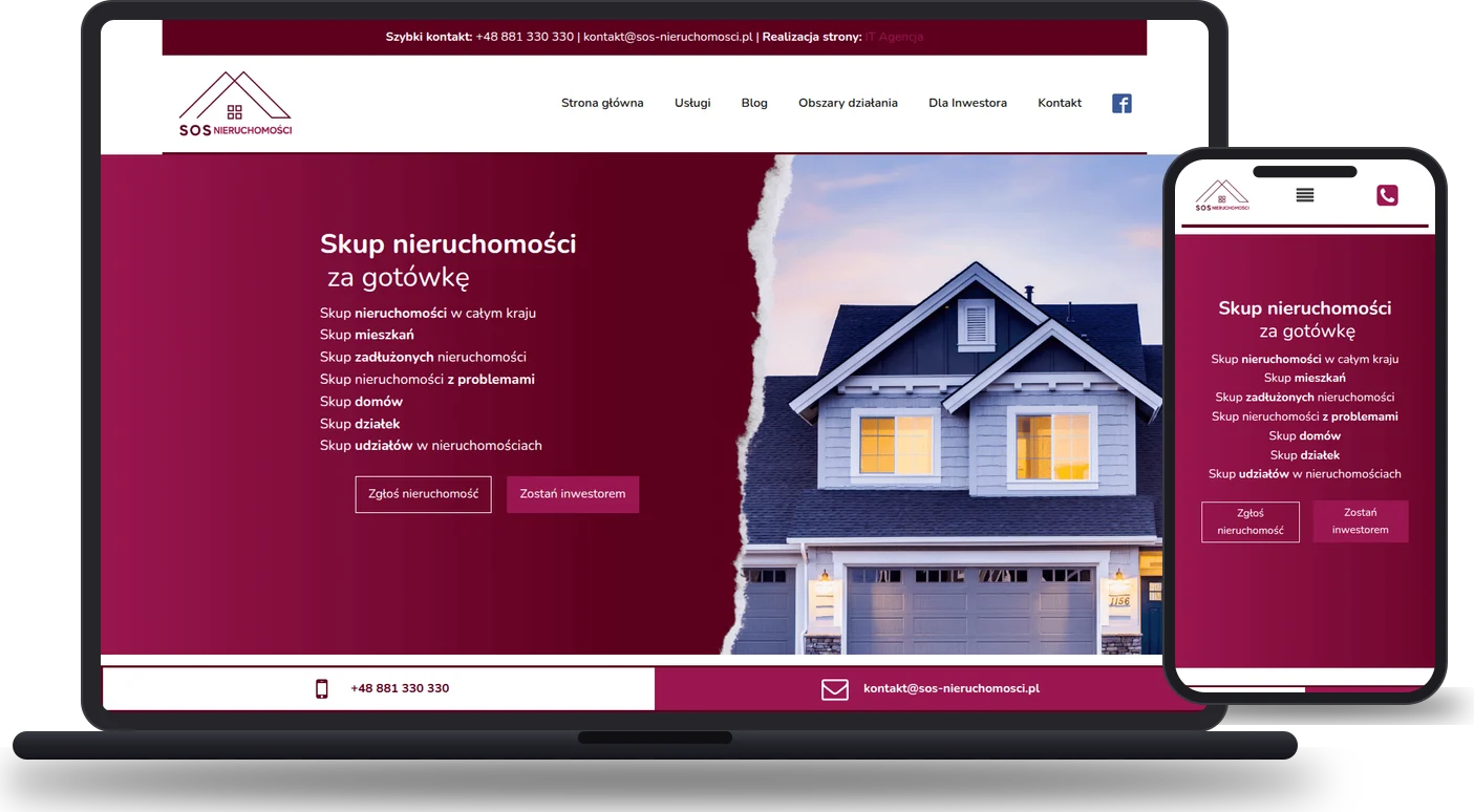 Strona sos-nieruchomosci.pl - mockup na laptopie i telefonie