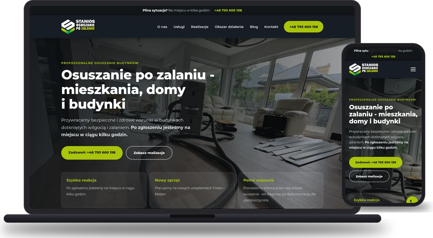 Realizacja: Stanios - osuszanie budynków (staniososuszanie.pl) - mockup strony na laptopie i telefonie