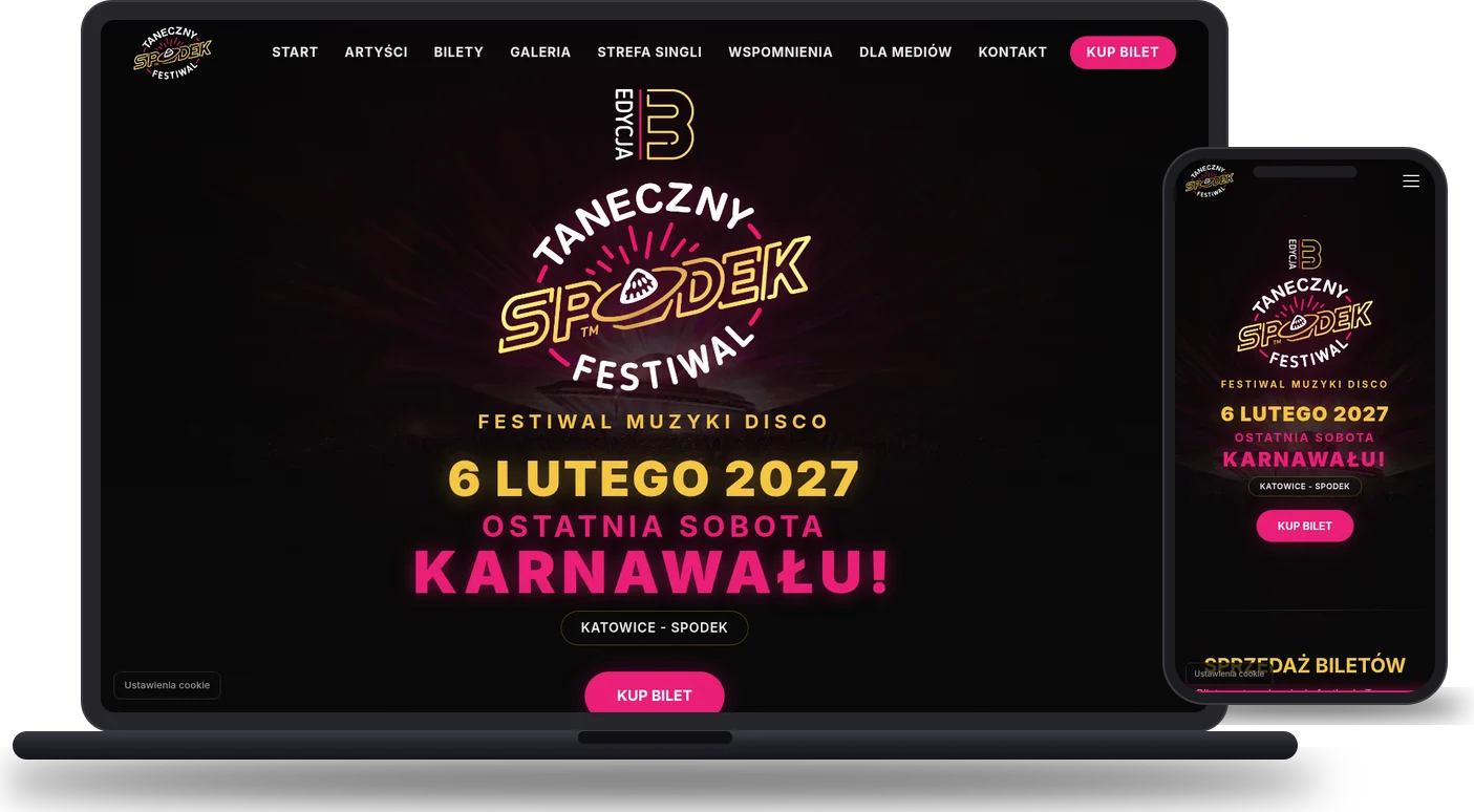 Strona tanecznyspodek.pl - mockup na laptopie i telefonie