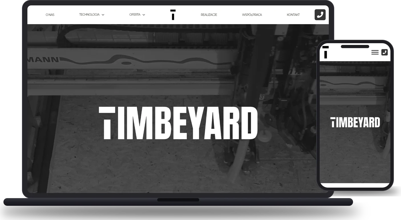 Realizacja: Timbeyard - domy szkieletowe (timbeyard.com) - mockup strony na laptopie i telefonie