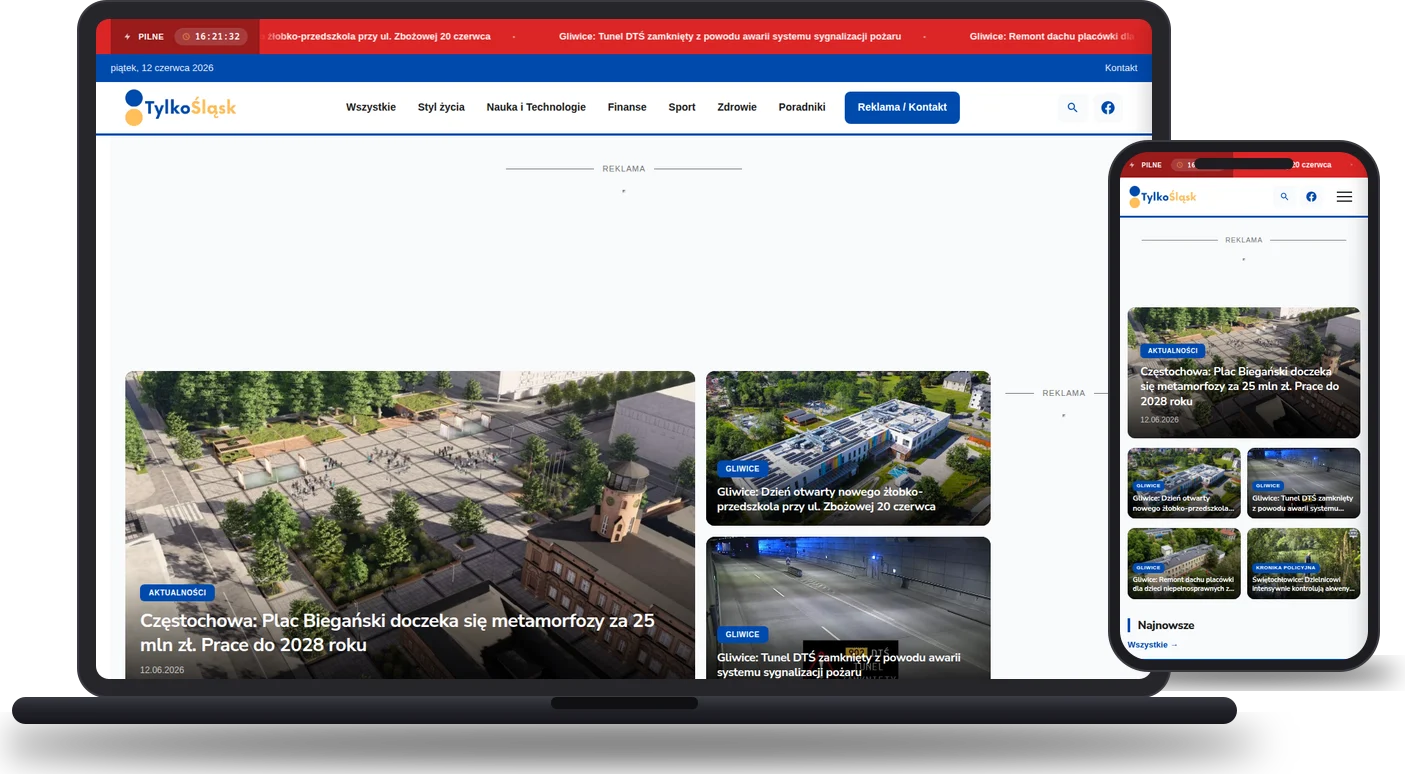 Realizacja: TylkoŚląsk - portal regionalny (tylkoslask.pl) - mockup strony na laptopie i telefonie
