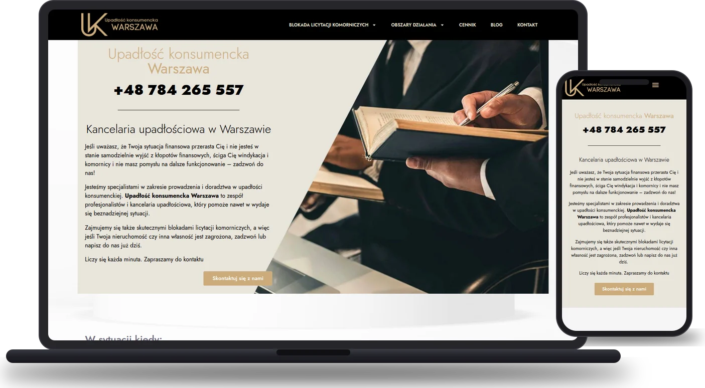 Strona upadlosckonsumenckawarszawa.pl - mockup na laptopie i telefonie