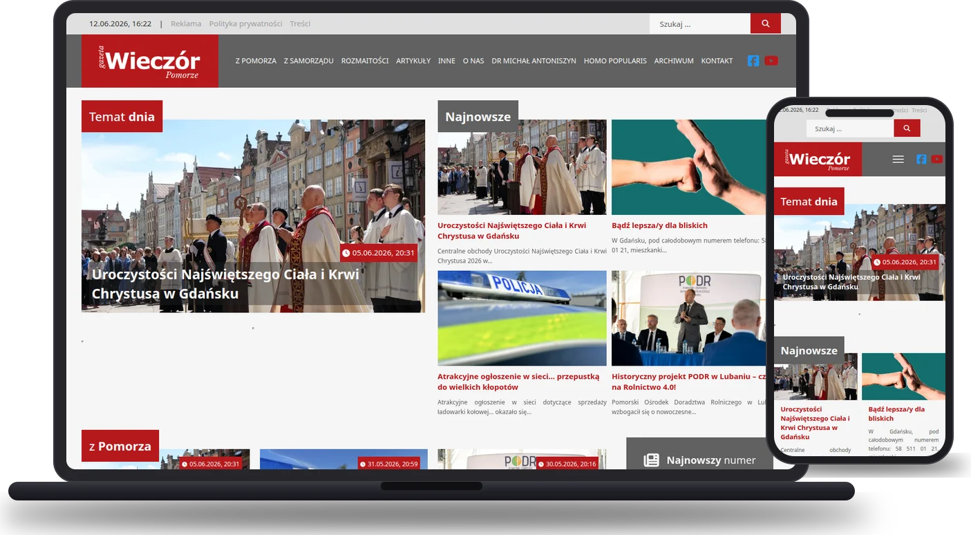 Realizacja: Wieczór Pomorze - portal regionalny (wieczorpomorze.pl) - mockup strony na laptopie i telefonie