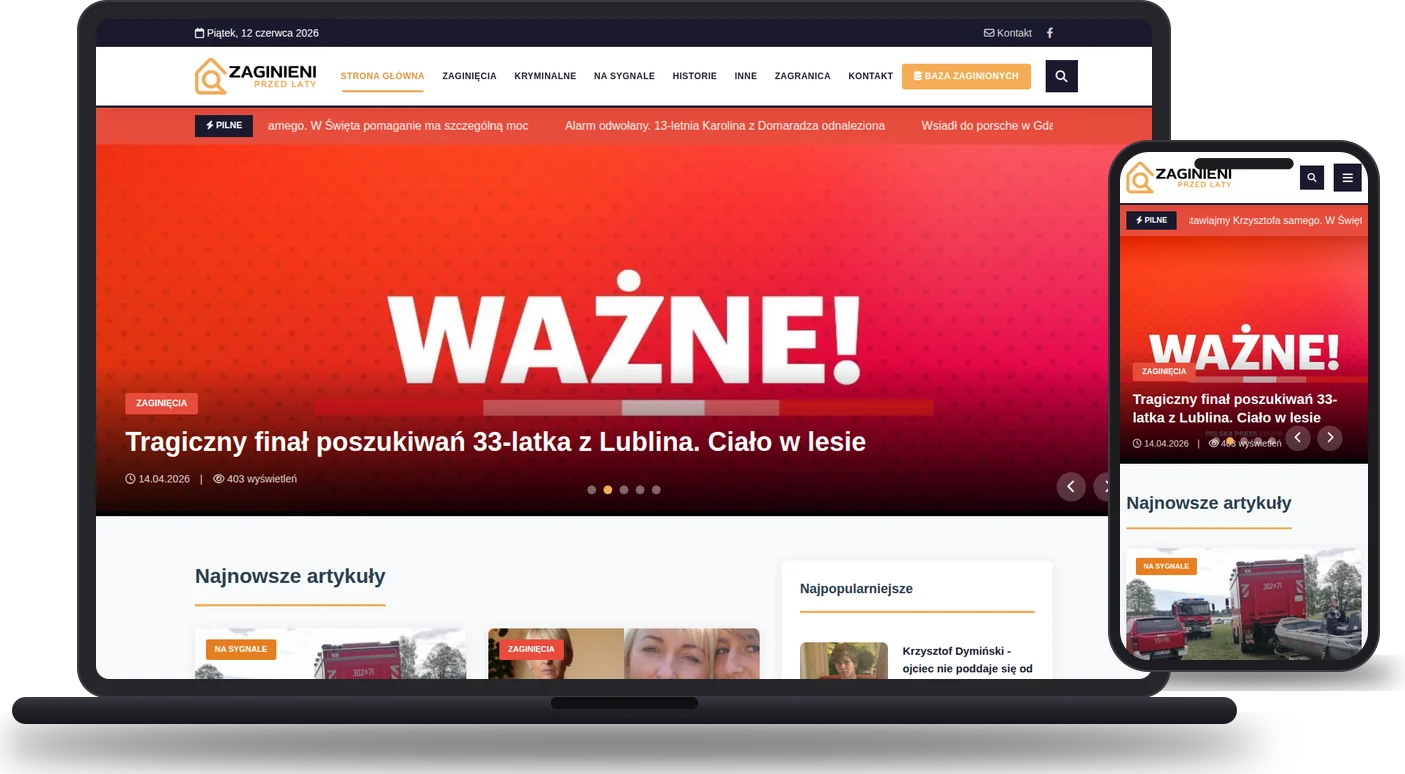 Realizacja: Zaginieni przed Laty (zaginieniprzedlaty.com) - mockup strony na laptopie i telefonie
