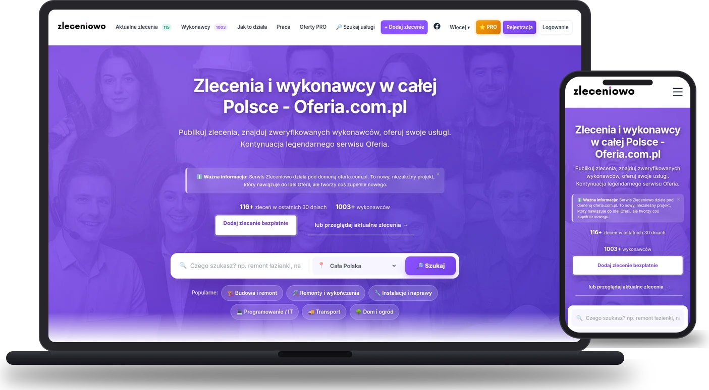 Realizacja: Zleceniowo - platforma zleceń (oferia.com.pl) - mockup strony na laptopie i telefonie